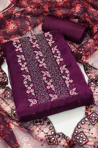 ethnic motifs embroidered sequined organza unstitched dress material