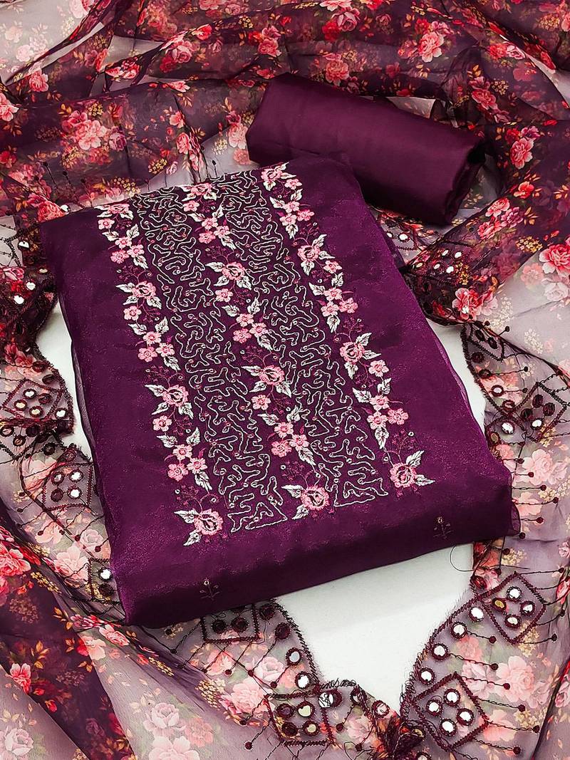 Ethnic Motifs Embroidered Sequined Organza Unstitched Dress Material