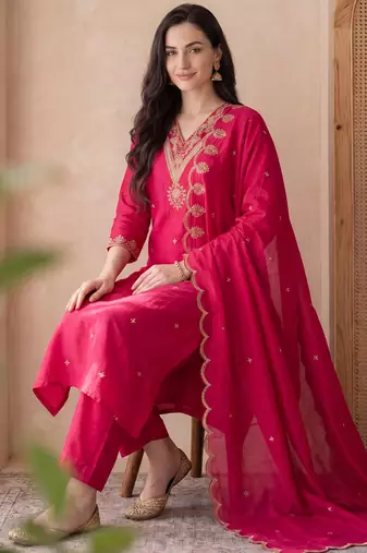 Pink embroidered silk blend kurta trouser dupatta set
