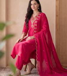 Pink embroidered silk blend kurta trouser dupatta set