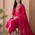 Pink embroidered silk blend kurta trouser dupatta set