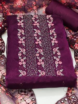 ethnic motifs embroidered sequined organza unstitched dress material 2