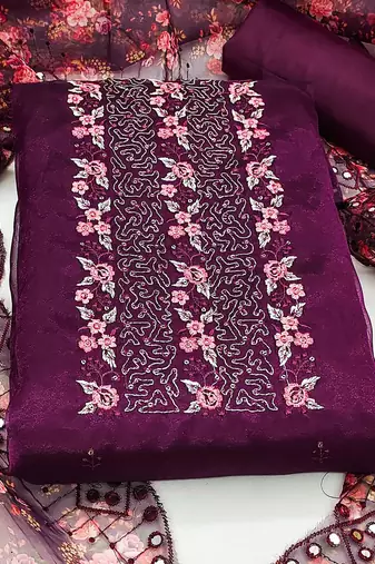 ethnic motifs embroidered sequined organza unstitched dress material