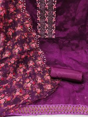ethnic motifs embroidered sequined organza unstitched dress material 3