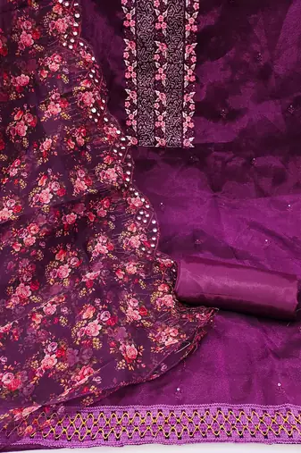 ethnic motifs embroidered sequined organza unstitched dress material