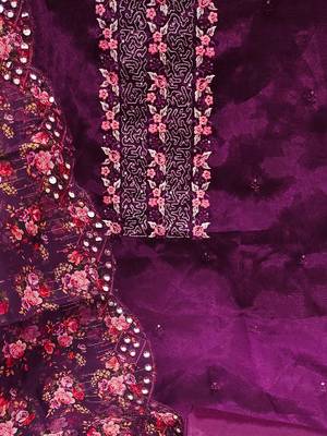 ethnic motifs embroidered sequined organza unstitched dress material 4