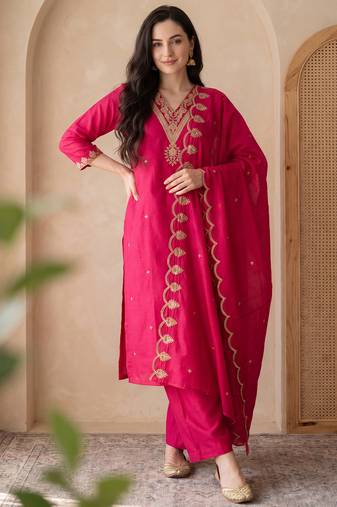 Pink embroidered silk blend kurta trouser dupatta set