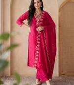 Pink embroidered silk blend kurta trouser dupatta set