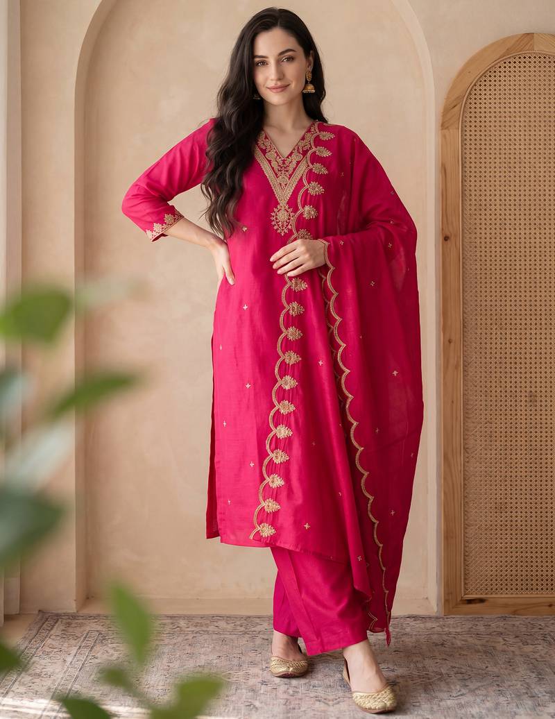 Pink embroidered silk blend kurta trouser dupatta set