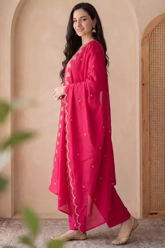 Pink embroidered silk blend kurta trouser dupatta set