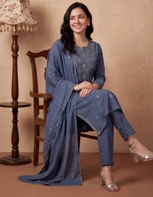 Blue embroidered pure cotton kurta trouser dupatta set 1