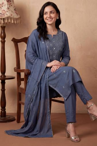 Blue embroidered pure cotton kurta trouser dupatta set