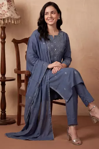 Blue embroidered pure cotton kurta trouser dupatta set