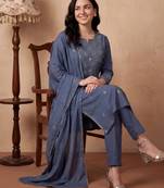 Blue embroidered pure cotton kurta trouser dupatta set