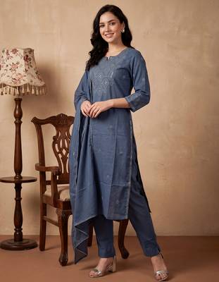 Blue embroidered pure cotton kurta trouser dupatta set 2