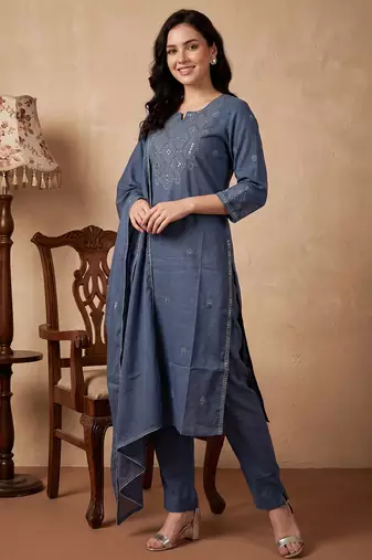 Blue embroidered pure cotton kurta trouser dupatta set