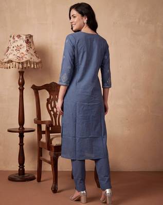 Blue embroidered pure cotton kurta trouser dupatta set 3