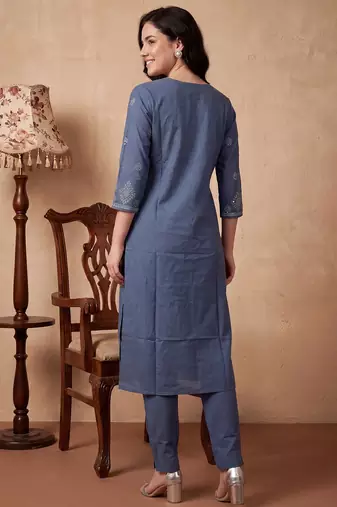 Blue embroidered pure cotton kurta trouser dupatta set