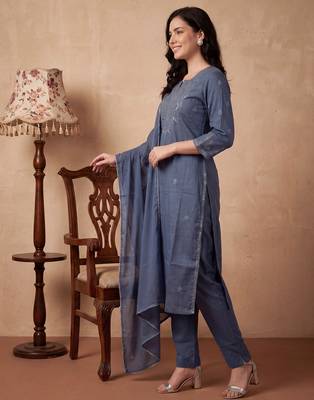 Blue embroidered pure cotton kurta trouser dupatta set 4