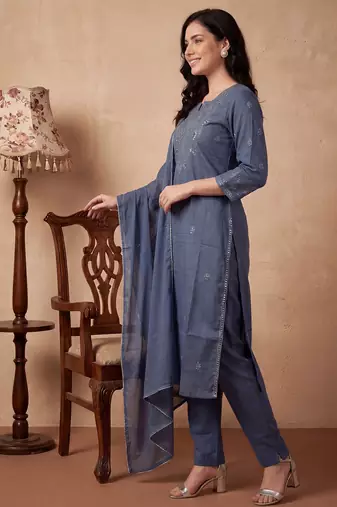 Blue embroidered pure cotton kurta trouser dupatta set
