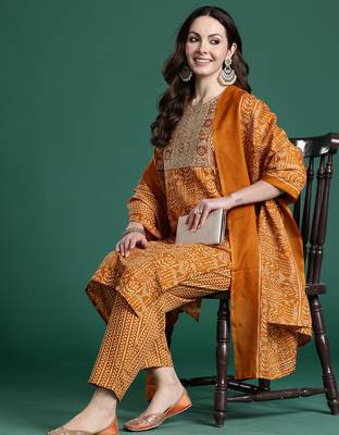 Mustard printed pure cotton kurta trouser dupatta set 2