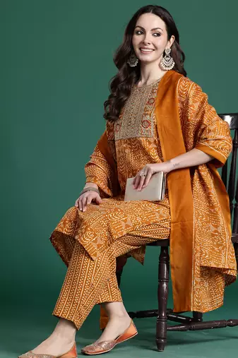 Mustard printed pure cotton kurta trouser dupatta set