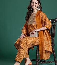 Mustard printed pure cotton kurta trouser dupatta set