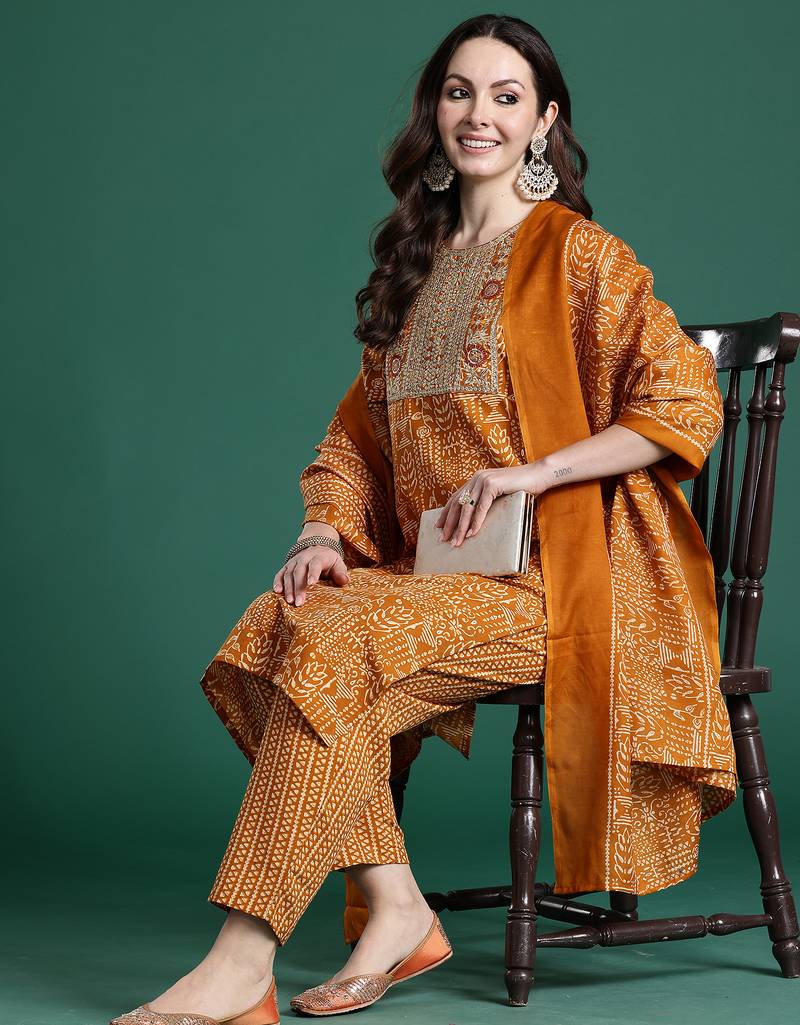Mustard printed pure cotton kurta trouser dupatta set