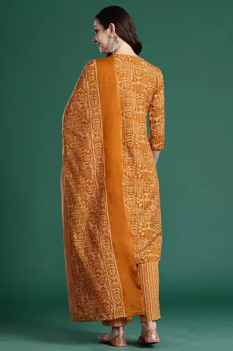 Mustard printed pure cotton kurta trouser dupatta set