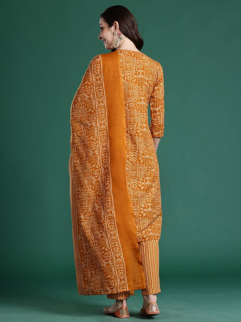 Mustard printed pure cotton kurta trouser dupatta set