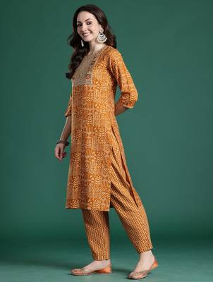 Mustard printed pure cotton kurta trouser dupatta set 4