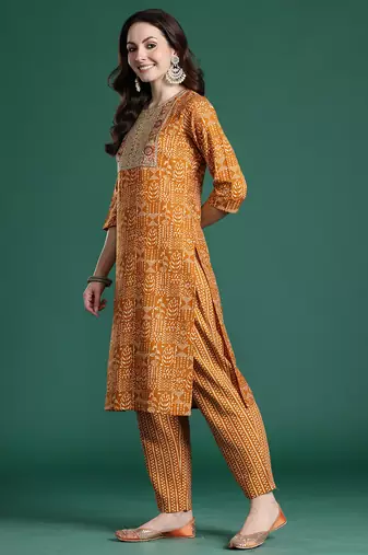 Mustard printed pure cotton kurta trouser dupatta set