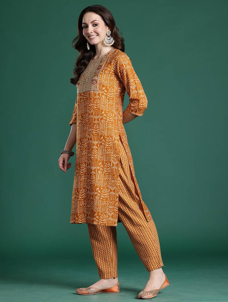 Mustard printed pure cotton kurta trouser dupatta set