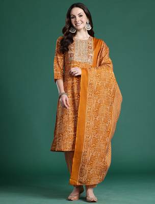 Mustard printed pure cotton kurta trouser dupatta set 1
