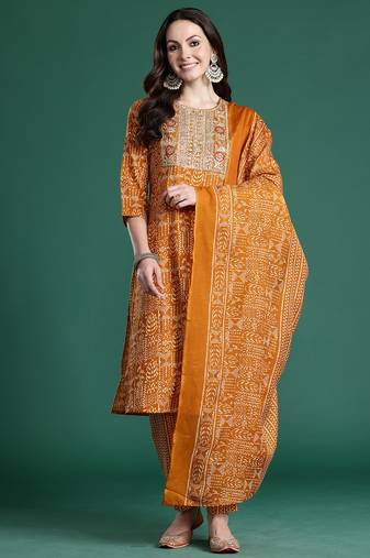 Mustard printed pure cotton kurta trouser dupatta set