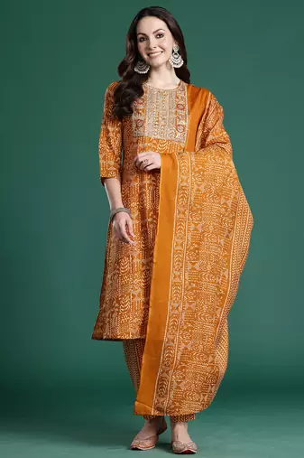 Mustard printed pure cotton kurta trouser dupatta set