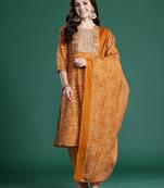 Mustard printed pure cotton kurta trouser dupatta set