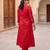 Red embroidered silk blend kurta trouser dupatta set
