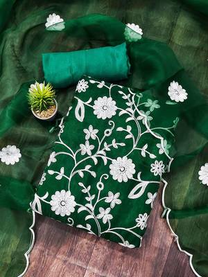 floral embroidered thread work organza unstitched dress material 1