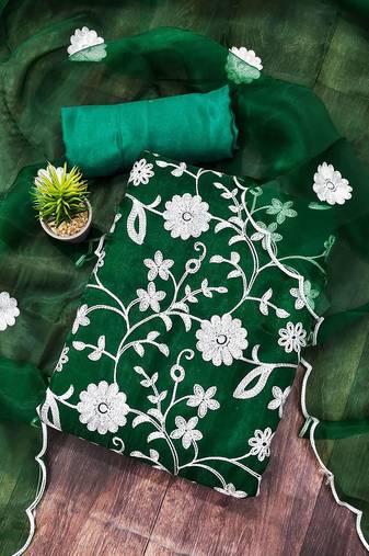 Floral Embroidered Thread Work Organza Unstitched Dress Material