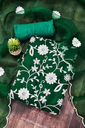 floral embroidered thread work organza unstitched dress material