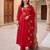 Red embroidered silk blend kurta trouser dupatta set