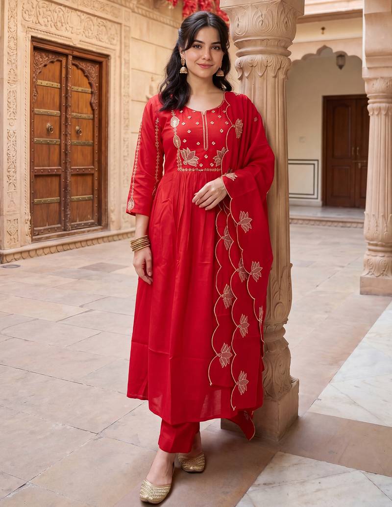 Red embroidered silk blend kurta trouser dupatta set