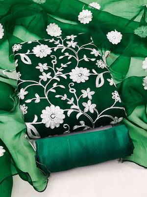 floral embroidered thread work organza unstitched dress material 2