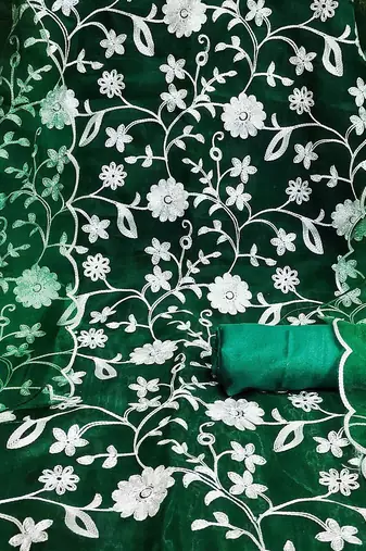 floral embroidered thread work organza unstitched dress material