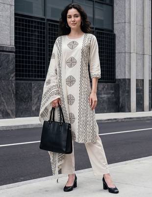 Off white printed pure cotton kurta trouser dupatta set 1