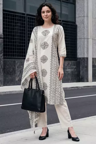 Off white printed pure cotton kurta trouser dupatta set
