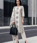 Off white printed pure cotton kurta trouser dupatta set