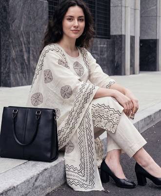 Off white printed pure cotton kurta trouser dupatta set 2