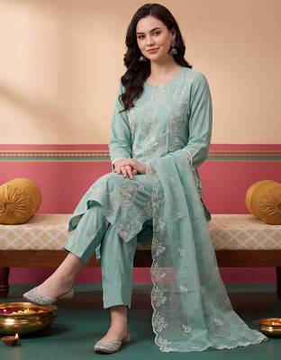 Sea green embroidered silk blend kurta trouser dupatta set 1